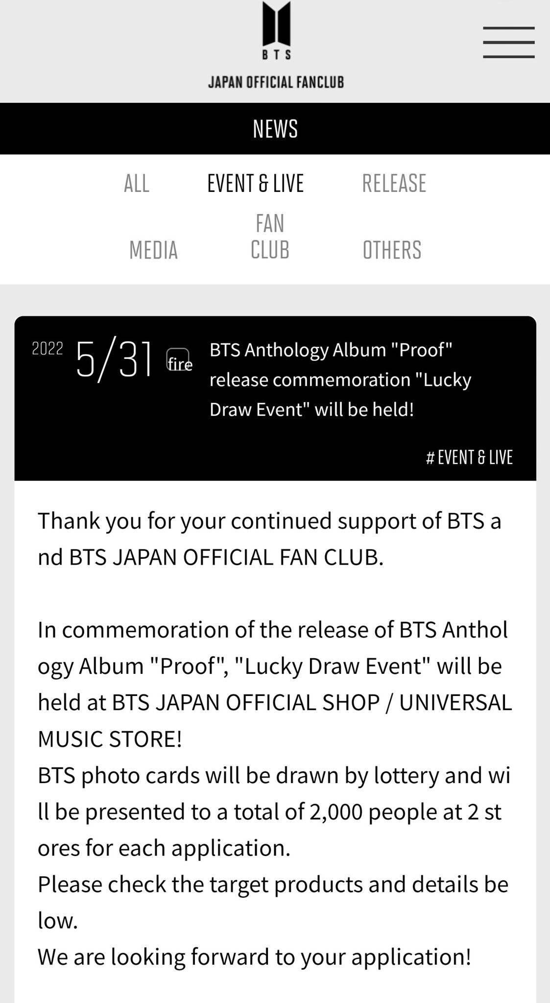 BTS - PROOF - Universal Lucky Draw Japan  Photocards